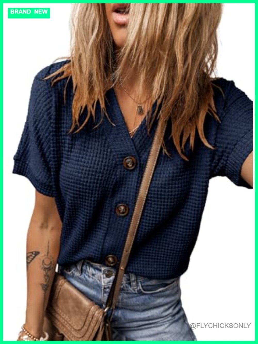 Waffle Knit Button Down Shirt Women V Neck Short Sleeve Summer Cardigan
